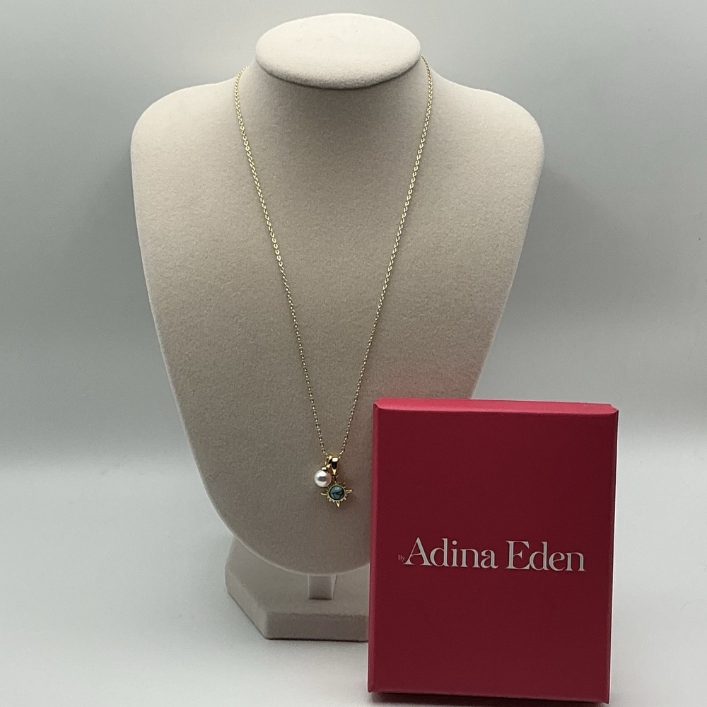 Adina Eden Gold Tone Pearl Turquoise Sunburst Charm Necklace NIB